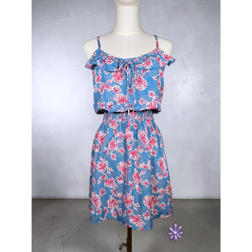 Y2K PEPPERMINT Blue Pink Floral Ruffle Mini Dress Racerback Smocked Waist USA S